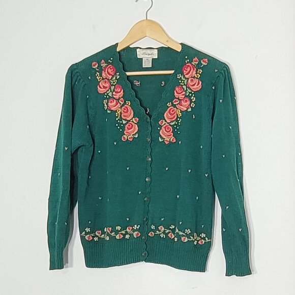 Margules Green Pink Red Embroidered Roses Cotton Blend V-Neck Button Up Cardigan - Picture 1 of 15